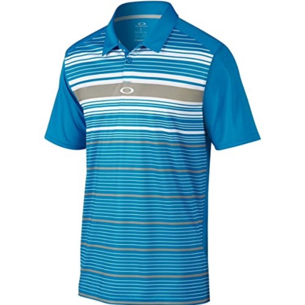 Oakley Blue and White Polo Shirt with Striped Design